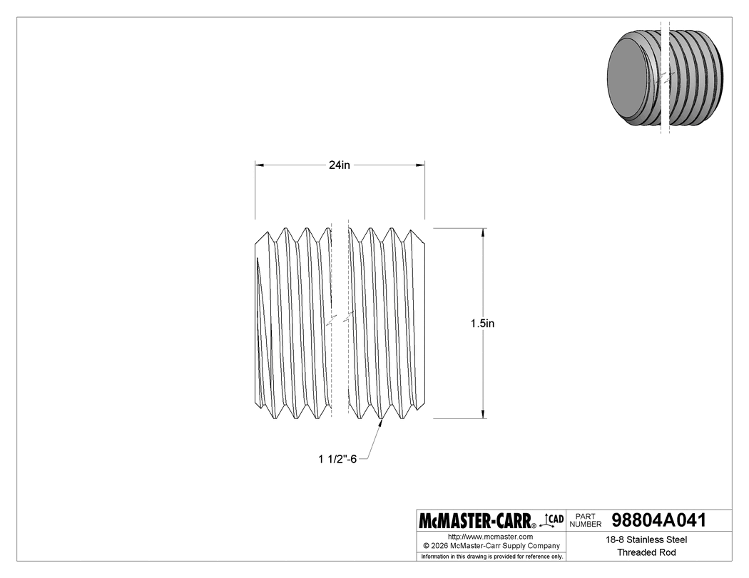 Technical Drawing of 18-8 Stainless Steel Threaded Rod, 1-1/2"-6 Thread Size, 2 Feet Long.
